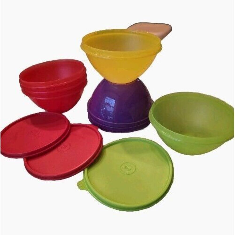 Tupperware Bowls 235-24 8 Bowls 3 Lids Purple Yellow‎ Lime Red Colorful Fiesta